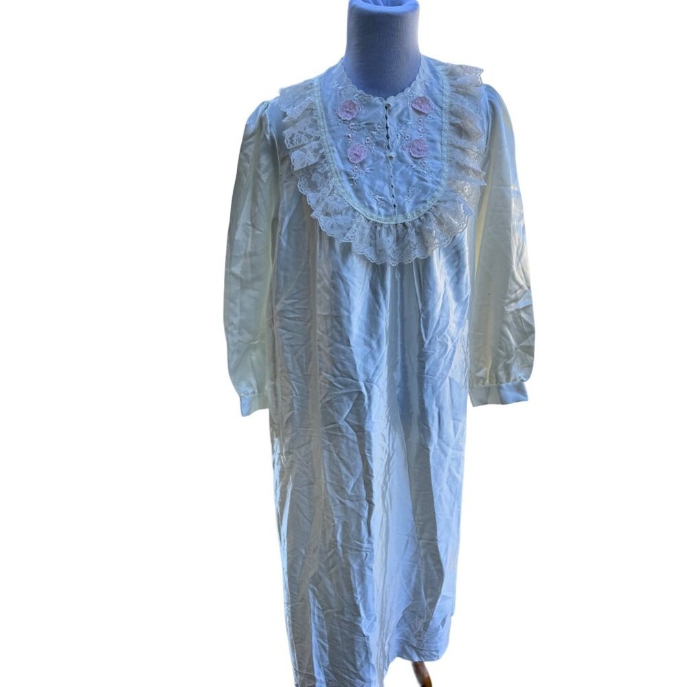 Llise Stevens Vintage Brushed Back Satin Long Nightgown Embroidered Lace Collar